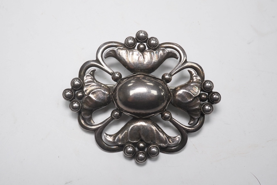 A Georg Jensen sterling foliate brooch, design no.173, 50mm. Condition - fair to good